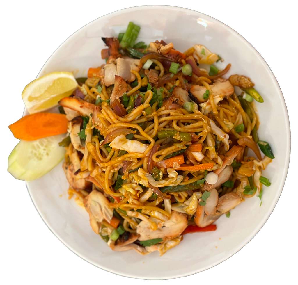 Chicken chowmein with vegetables and garnish